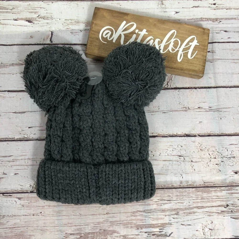 CC Beanie Kids Chunky Cable‎ Knit Hat Double Pom